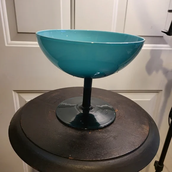 Beautiful Turquoise TEAL EMPOLI CASED GLASS PEDESTAL CANDY DISH - Picture 5 of 16